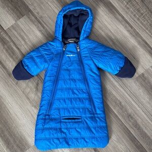 Eddie Bauer snowsuit bunting blue baby boy 3-6 months puffer seatbelt hole